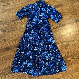 EUC GAP Blue Floral Midi Dress size XS PUFF SLEEVE 100% cotton